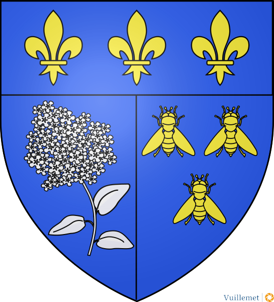 Les armes de Ennery se blasonnent ainsi :
Parti : au premier d'azur à l'héliotrope d'argent, au second aussi d'azur aux trois abeilles d'or ; au chef cousu d'azur chargé de
trois fleurs de lys aussi d'or
Source:Wikipedia
Ennery.png