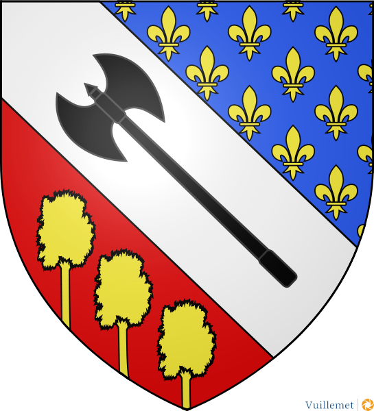 Les armes de Franconville se blasonnent ainsi :
Tiercé en bande, au premier d’azur semé de lys d’or, au deuxième d’argent à la francisque de sable posée dans le sens de la bande, au troisième de gueules à trois arbres d’or mouvant de la point
Ornements extérieurs : l’écu timbré de la couronne murale à trois tours crénelées d’or, maçonnée et ouverte de sable est soutenu par deux branches de noyer, tigées, feuillées et fruitées d’or, croisées en pointe en sautoir et liées du même.Source:Wikipedia
Franconville.png