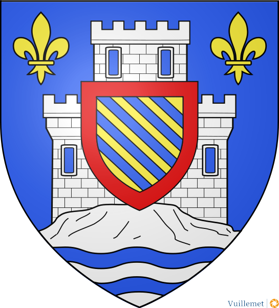 Les armes de La Roche-Guyon se blasonnent ainsi :
D'azur au château donjonné d'une tour crénelée de cinq pièces d'argent, maçonné de sable et ajouré du champ, posé sur un rocher aussi d'argent issant d'une plaine fascée ondée d'azur et d'argent de quatre pièces, accosté en chef de deux fleurs de lys d'or ; sur le tout d'or aux cinq cotices d'azur et à la bordure de gueules
Les armoiries évoquent la falaise et le double château dominant la Seine. L'écusson est aux armes de la famille de La Roche (xiie siècle).
Source:Wikipedia
La_Roche-Guyon.png